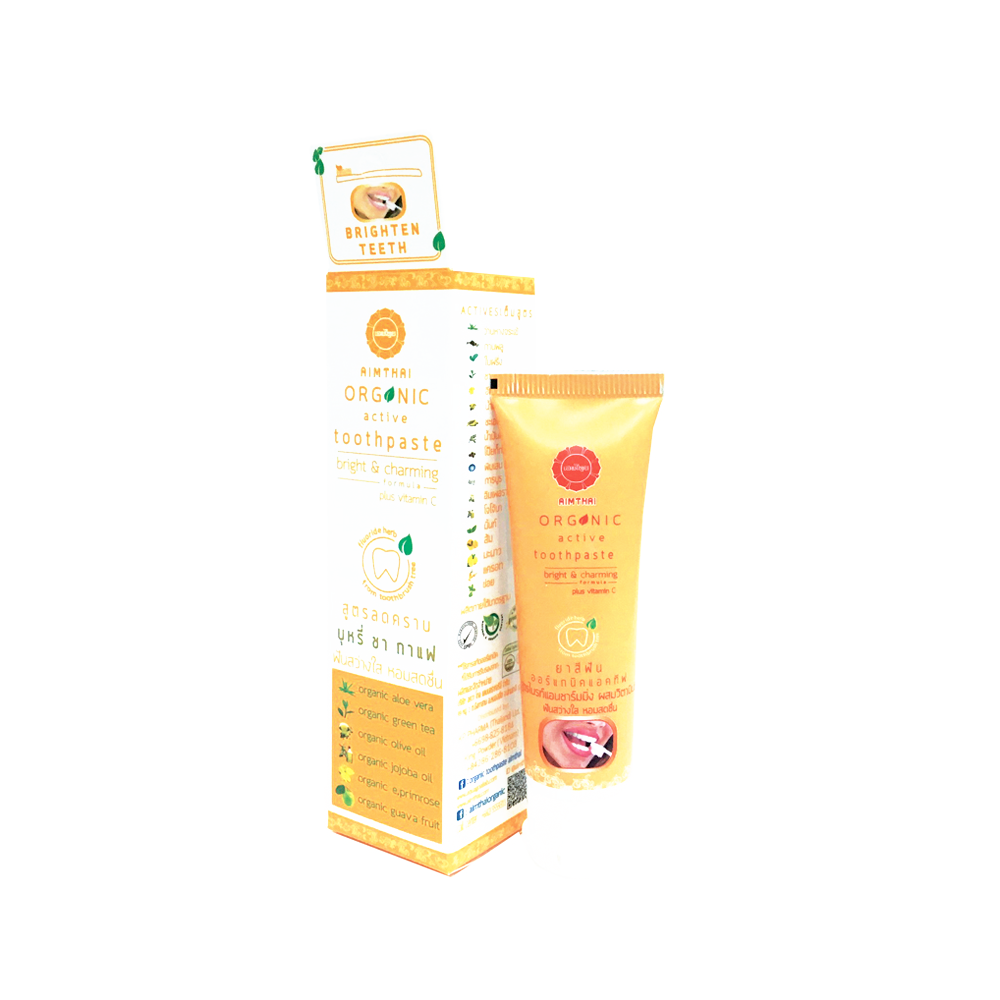 Kem Đánh Răng Thảo Dược Aimthai Organic Toothpaste Plus Vit C Whitening chiết xuất tinh dầu thảo dược organic giúp thơm miệng, làm trắng răng, ngừa mảng bám và giảm nhiệt miệng (Công thức làm trắng Plus Vit C