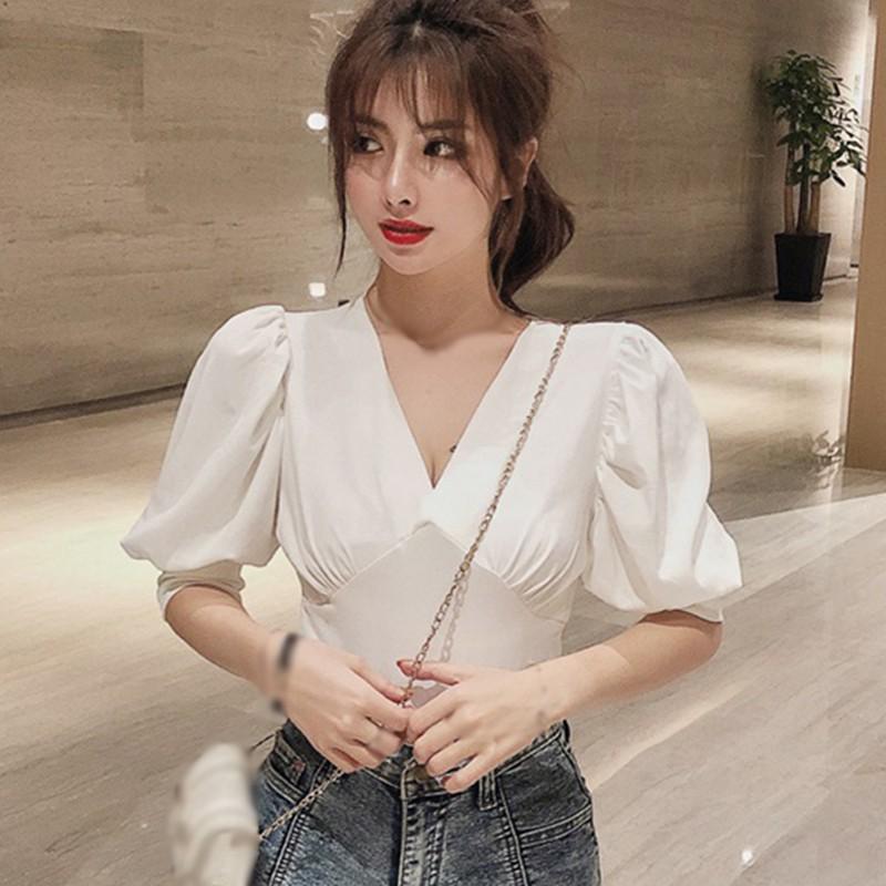 Áo Sơ Mi Tay Ngắn Cổ Chữ V Màu Trơn Thời Trang Dành Cho Nữ