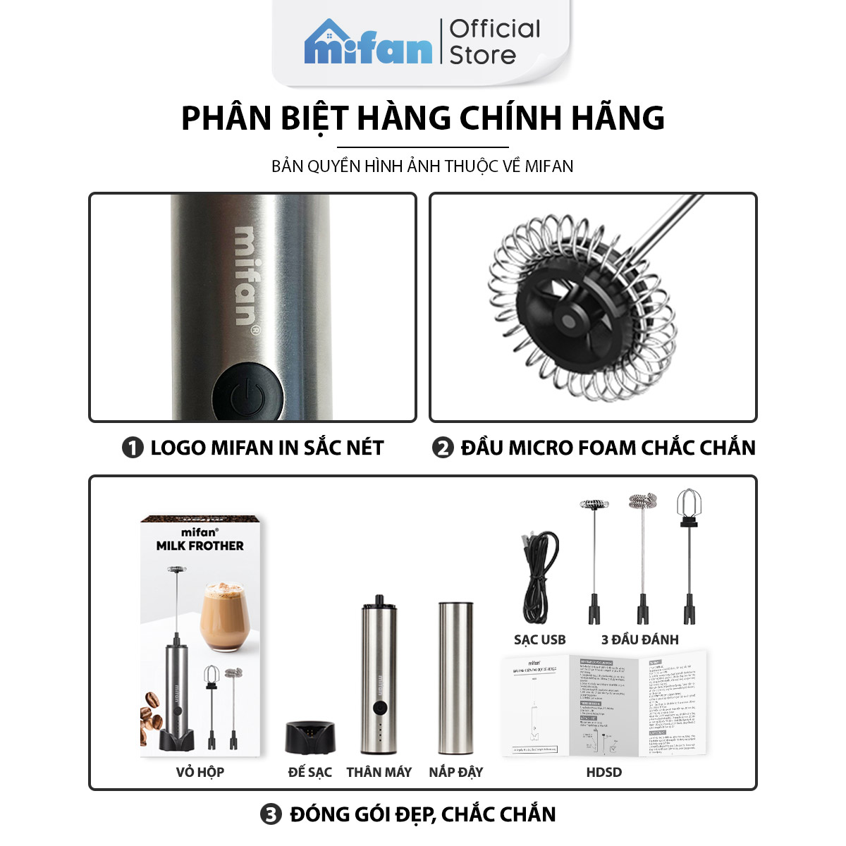 Máy Đánh Bọt Cà Phê Microfoam Mifan MF1501G - 3 Đầu Đa Năng, Thép không gỉ, Đế sạc USB tiện lợi - Hàng Chính Hãng