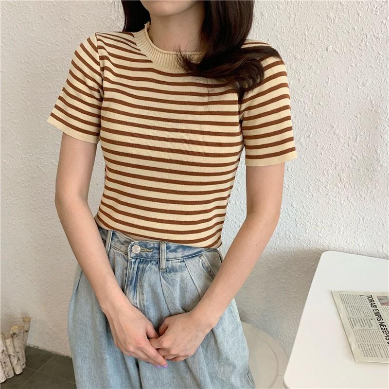 Áo thun nữ ngắn tay cổ tròn kẻ sọc ngang thời trang Hàn Quốc