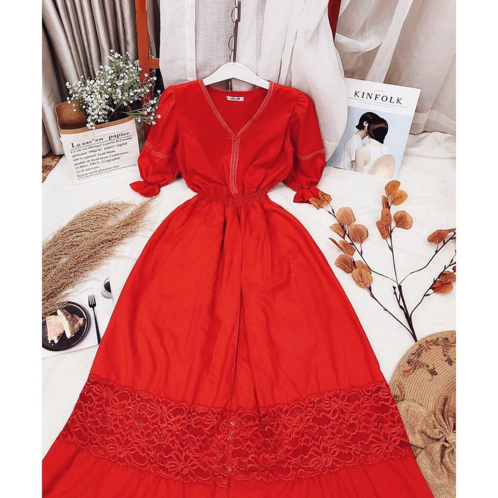 Đầm váy maxi đỏ lụa thái mềm xẻ tà cánh tiên cổ V tay dài bo đi biển dự tiệc dạo phố bigsize gợi cảm sexy