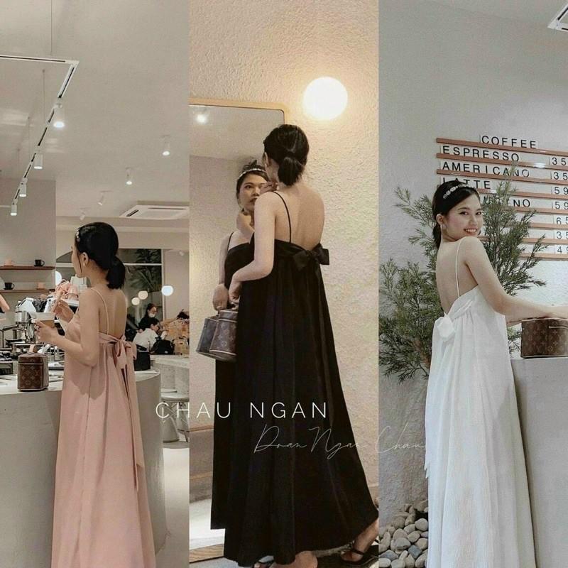 Đầm 2 dây dập ly cột nơ lưng