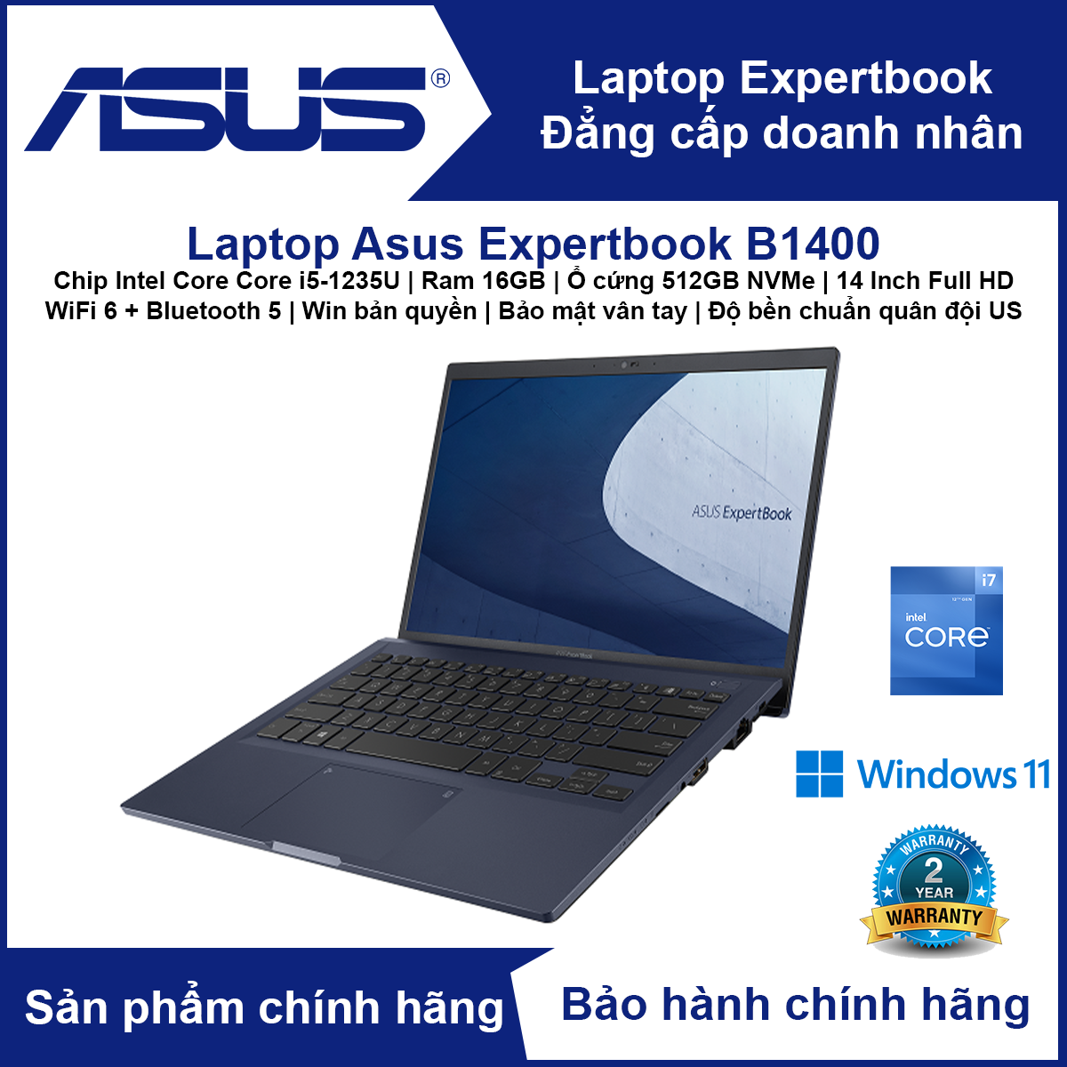 Hình ảnh Máy vi tính Laptop Asus ExpertBook B1400 (Chip Intel Core i5-1235U | RAM 16GB | SSD 512GB NVMe | 14' Full HD | Bảo mật vân tay | Bảo mật TPM 2.0 | Độ bền chuẩn quân đội US) - Hàng Chính Hãng 