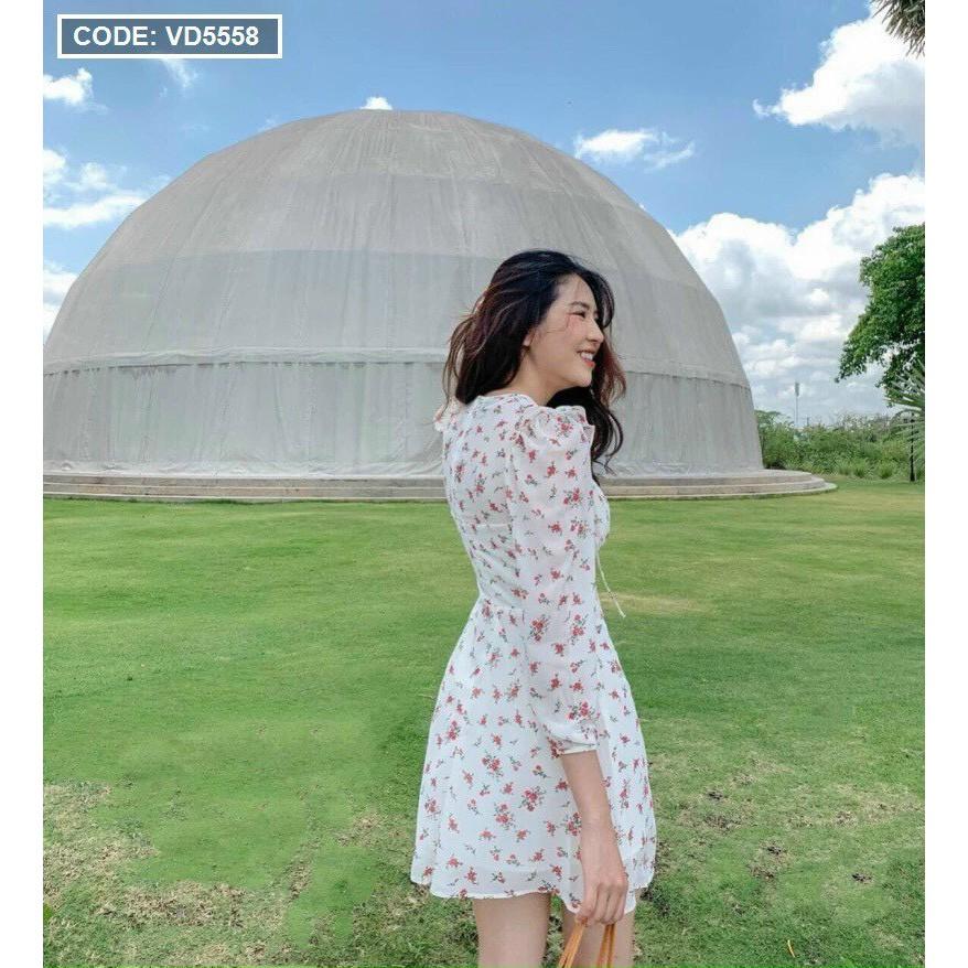 Đầm hoa nhí tay dài cut out ngực - VD5558