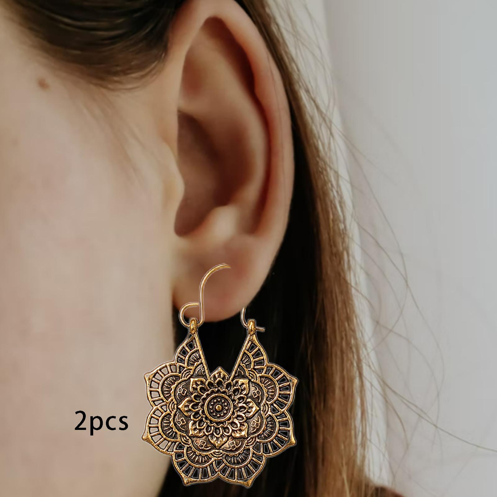 Women Ethnic Earrings Mandala Flower Retro Style Boho Tribal Ear Jewelry Gold