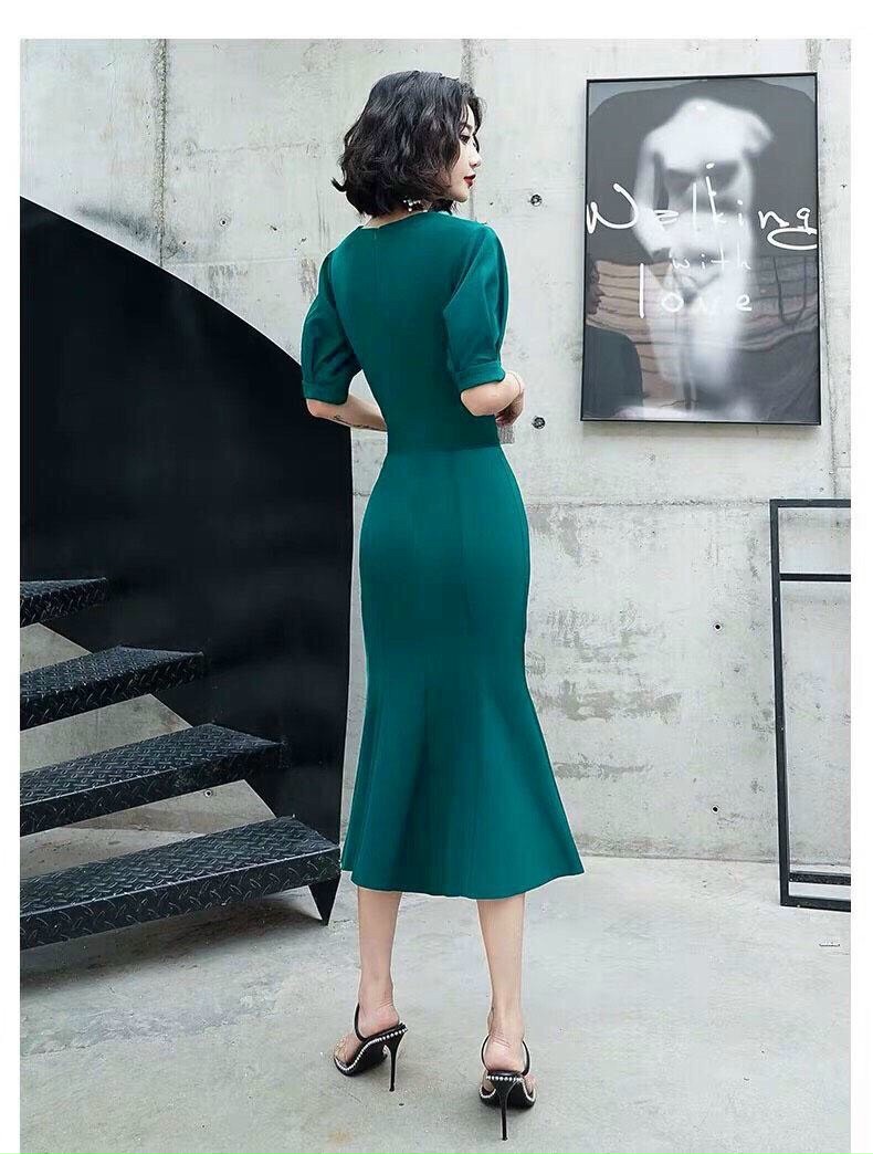 Đầm Ôm Đuôi Cá Tay Phồng - M - Xanh rêu