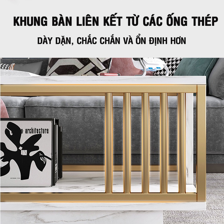 Bàn trà sofa ANA phòng khách mặt bàn họa tiết vân đá cẩm thạch 2 tầng khung thép chân sơn nhũ vàng mã SF01