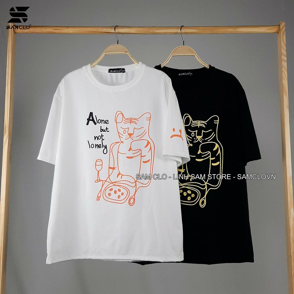 Áo phông nữ tay lỡ thun form rộng SAM CLO freesize dáng Unisex mặc cặp, nhóm, lớp in con mèo chữ ALONE BUT NOT LONELY