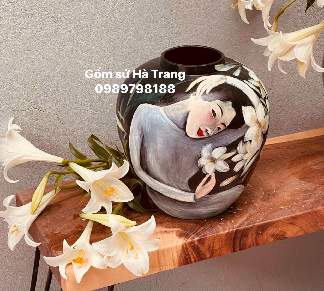 Lọ hoa gốm sứ Bát Tràng cao cấp vẽ 3D cao 30cm