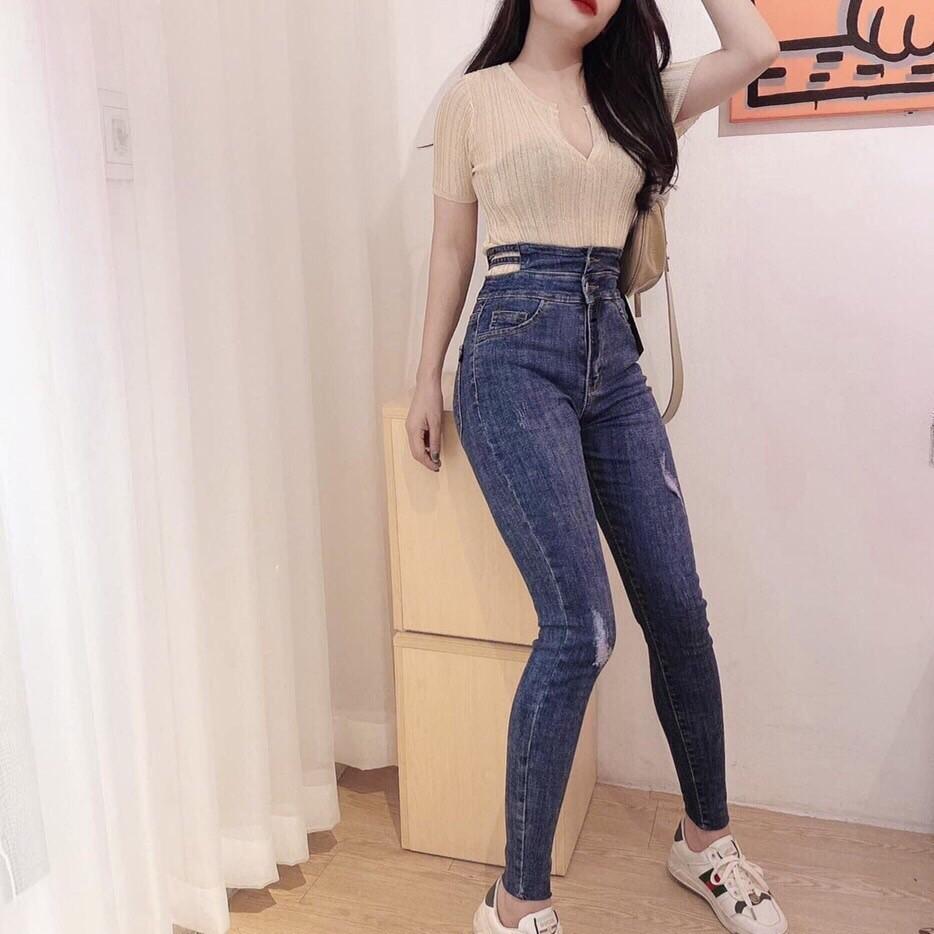 Quần jean nữ lưng cao, jean nữ màu xanh cao cấp MS555