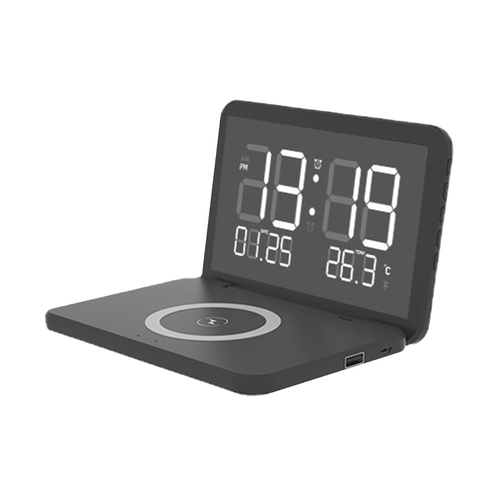 Alarm Clock with 15W Fast Wireless Charging Adjustable Brightness LCD Display for Bedroom