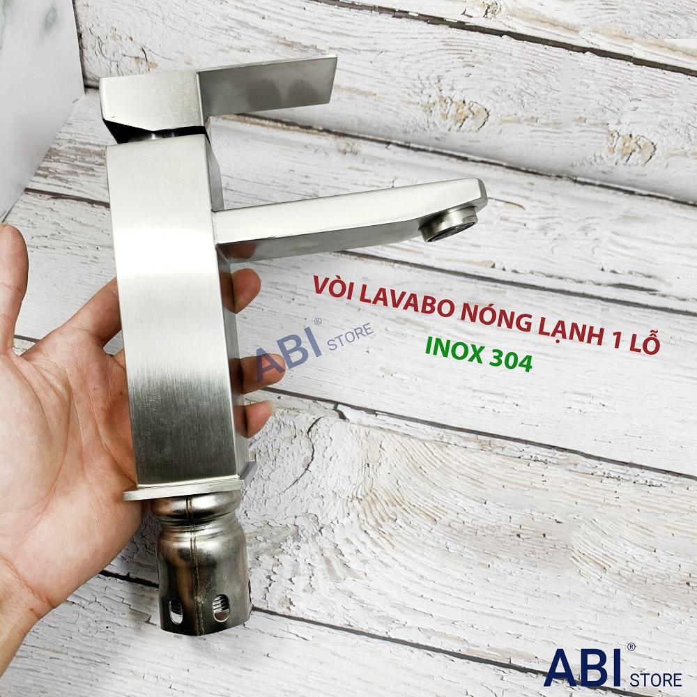 Vòi lavabo nóng lạnh inox 304 vuông kèm đôi dây cấp nước hàng đẹp