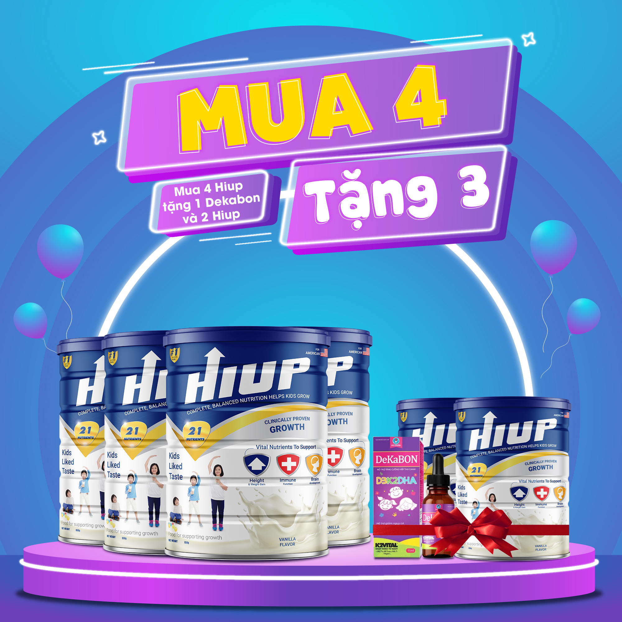 Sữa Bột HIUP Chính Hãng Tăng Chiều Cao Cho Trẻ Từ 2 Đến 15 Tuổi (Combo Mua 4 Tặng 2 Hộp Sữa Bột + 1 Dekabon)