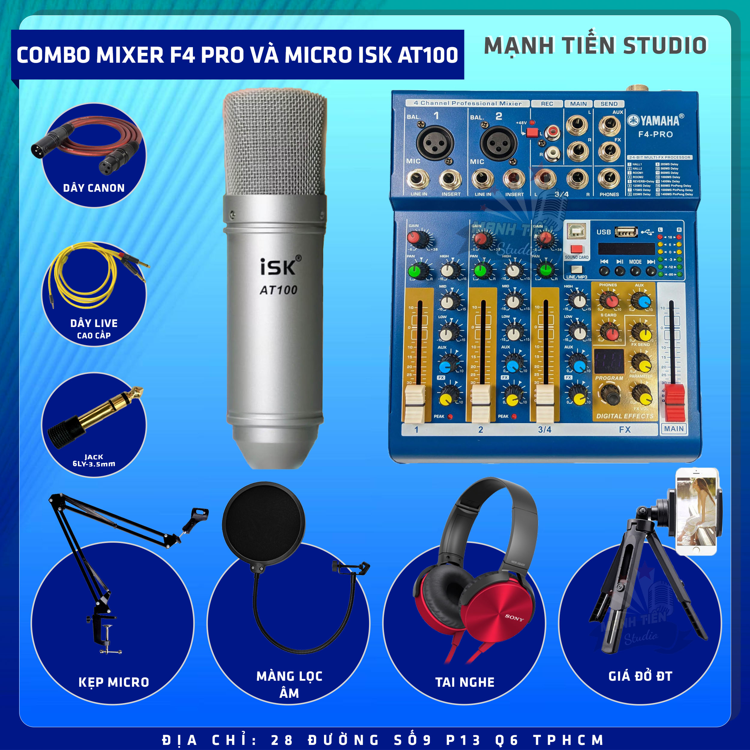 Combo thu âm, livestream Micro ISK AT100, Mixer Yamaha F4 Pro - Kèm full phụ kiện kẹp micro, màng lọc, tai nghe, dây canon, dây livestream, giá đỡ ĐT - Hỗ trợ thu âm, karaoke online chuyên nghiệp - Hàng nhập khẩu