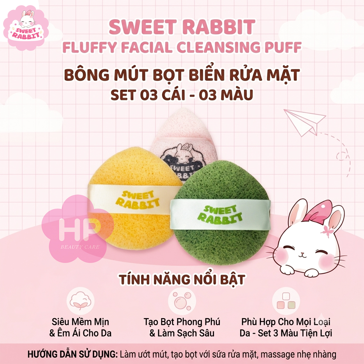 Bông Mút Bọt Biển Rửa Mặt Sweet Rabbit Fluffy Facial Cleansing Puff (Set 03 Cái 03 Màu)