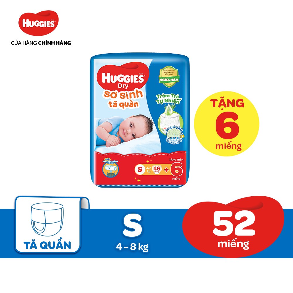 Tã quần Huggies Dry S46  mẫu mới hương tràm trà ( từ 4-8kg) + khuyến mãi - HSD luôn mới