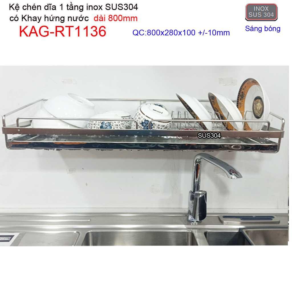 Kệ đựng chén bát dài 80cm inox 304, kệ úp chén dĩa 1 tầng có khay hứng nước inox KAG-RT1136