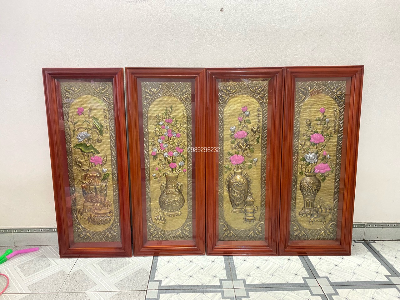 Bộ tranh Tứ Bình  bằng đồng vàng - Tranh tứ bình