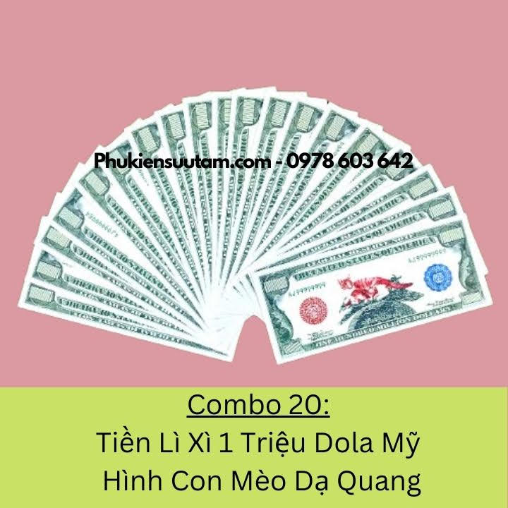 Combo 20 Tờ Lì Xì 1 Triệu Dola Mỹ Hình Con Mèo Dạ Quang, kích thước: 15.5cmx6.5cm, màu đỏ - SP005948