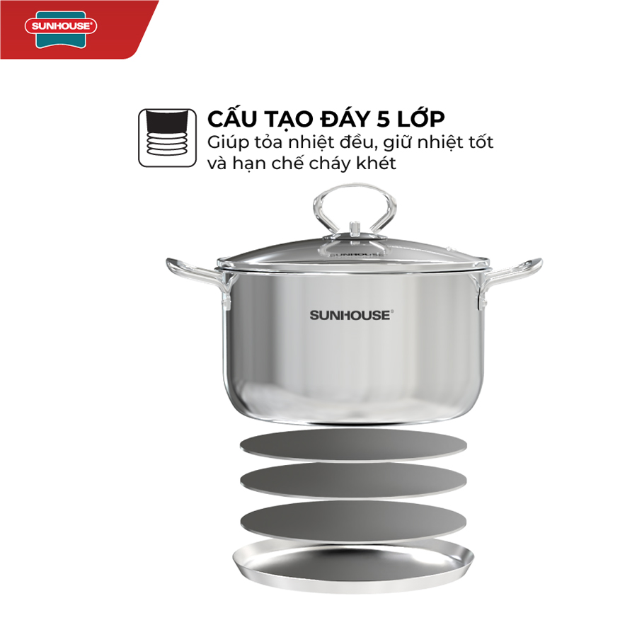 Bộ nồi chảo inox cao cấp 5 món Easy Cook Sunhouse SHG996E gồm 2 nồi (20cm, 24cm), 1 chảo 24cm , 1 quánh 24cm , 1 xửng hấp 16cm - Dùng trên mọi loại bếp - Hàng chính hãng