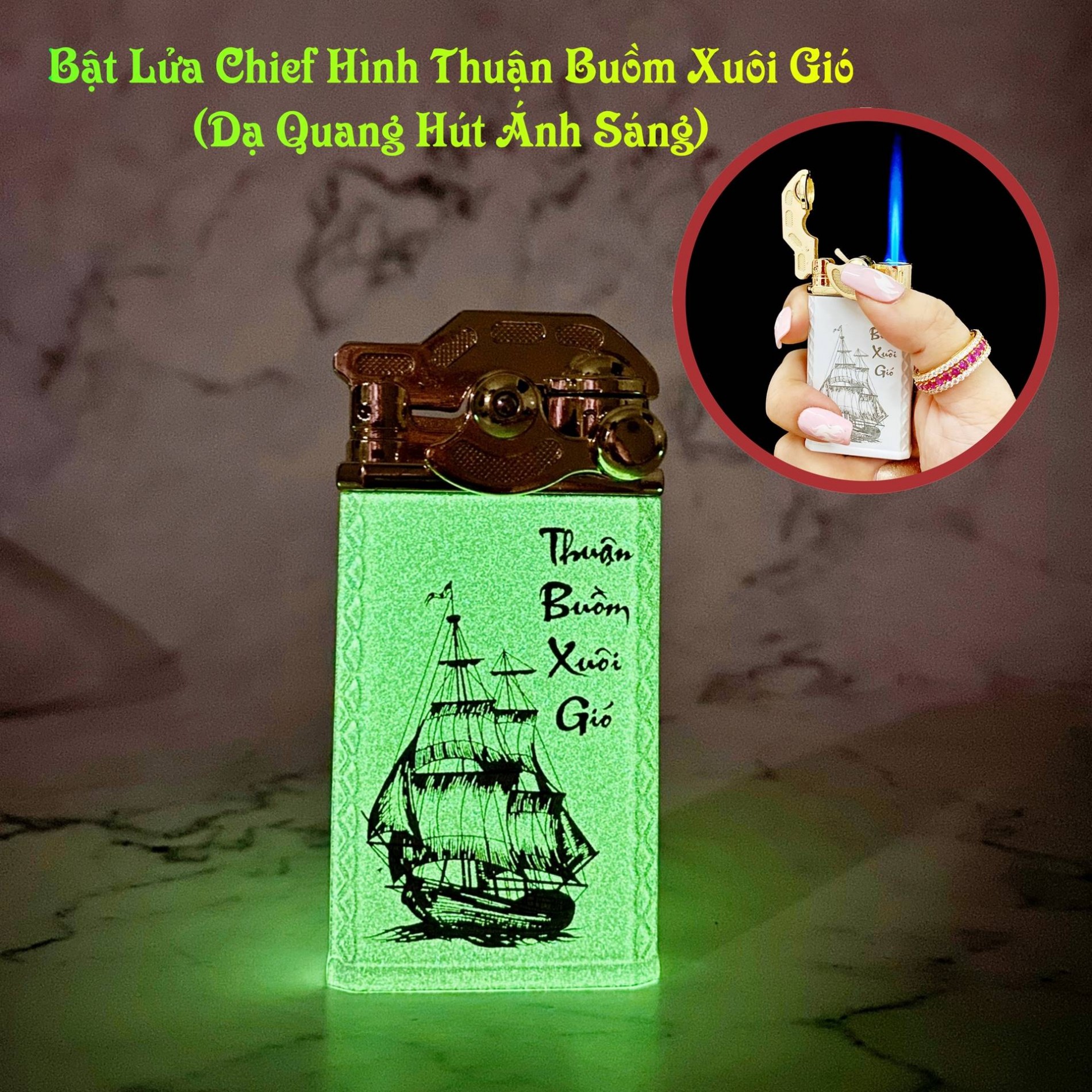 Hộp quẹt bật lửa khè Chief búng tay đánh lửa dạ quang hút ánh sáng hình thuận buồm xuôi gió - (xài gas)