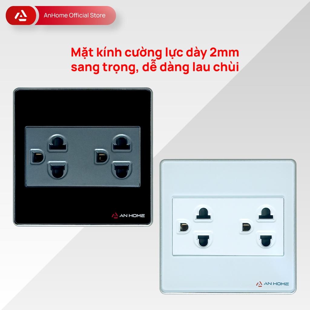 Ổ cắm điện mặt kính cường lực vuông 3 chấu viền mạ Champagne AnHome GS-U3