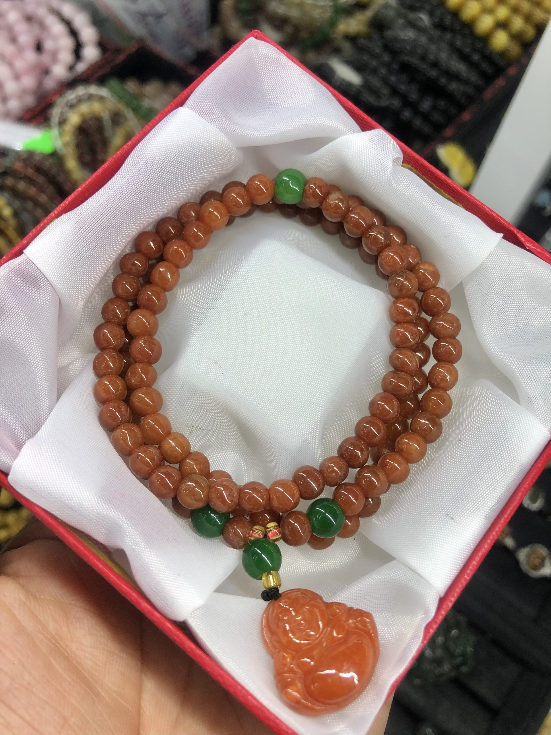 Vòng đeo tay, lắc tay phong thủy chuỗi hạt quấn 3 vòng mix mặt phật di lặc đá ngọc cẩm thạch huyết