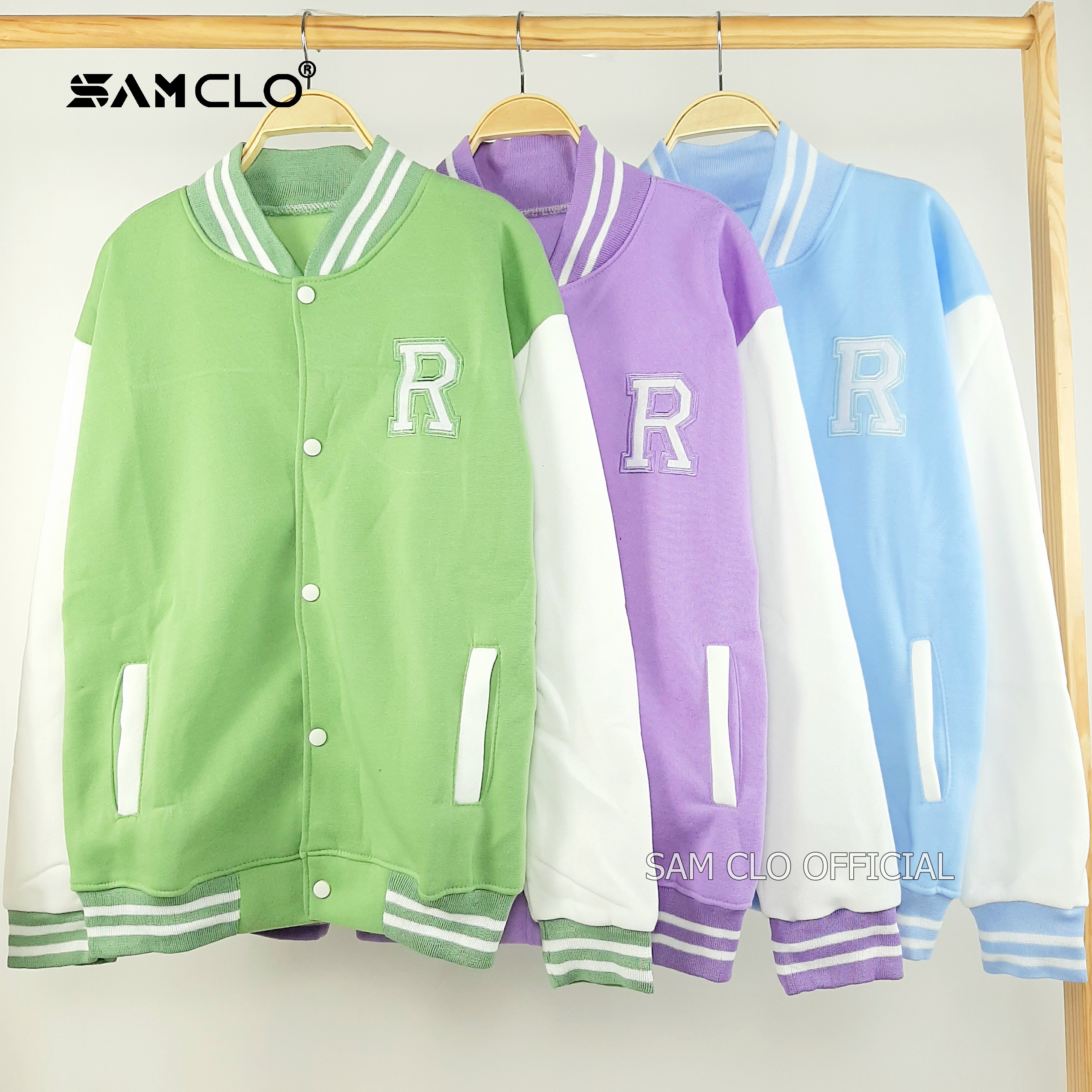 ÁO KHOÁC BOMBER nữ SAM CLO chất nỉ phong cách bóng chày cài nút form rộng unisex mặc cặp - couple LOGO thêu chữ R