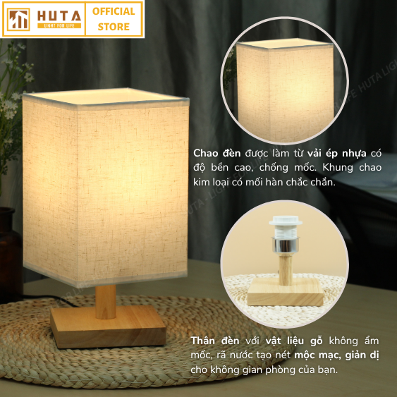 Đèn Ngủ HUTA Light For Life G3 Chao Vuông Độc Đáo Vingtage, Decor Trang Trí Phòng Ngủ, Điều Chỉnh Độ Sáng, Bóng Led Sáng Vàng Tiết Kiệm Điện