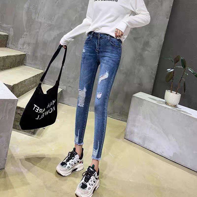 [ SIZE ĐẠI 40kg~90kg] Quần jean dài BIG SIZE xanh đậm rách bụi , vải jean dày dặn co dãn mạnh 3096