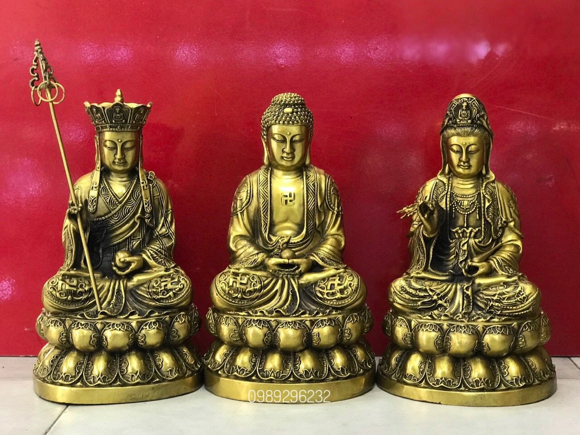 Bộ tượng Ta Bà Tam Thánh Phật áo hoa đẹp bằng đồng - Tượng tam thánh cao 30