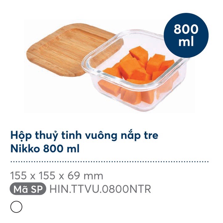 Hộp thuỷ tinh vuông nắp tre Nikko 320ml - 520ml - 800ml