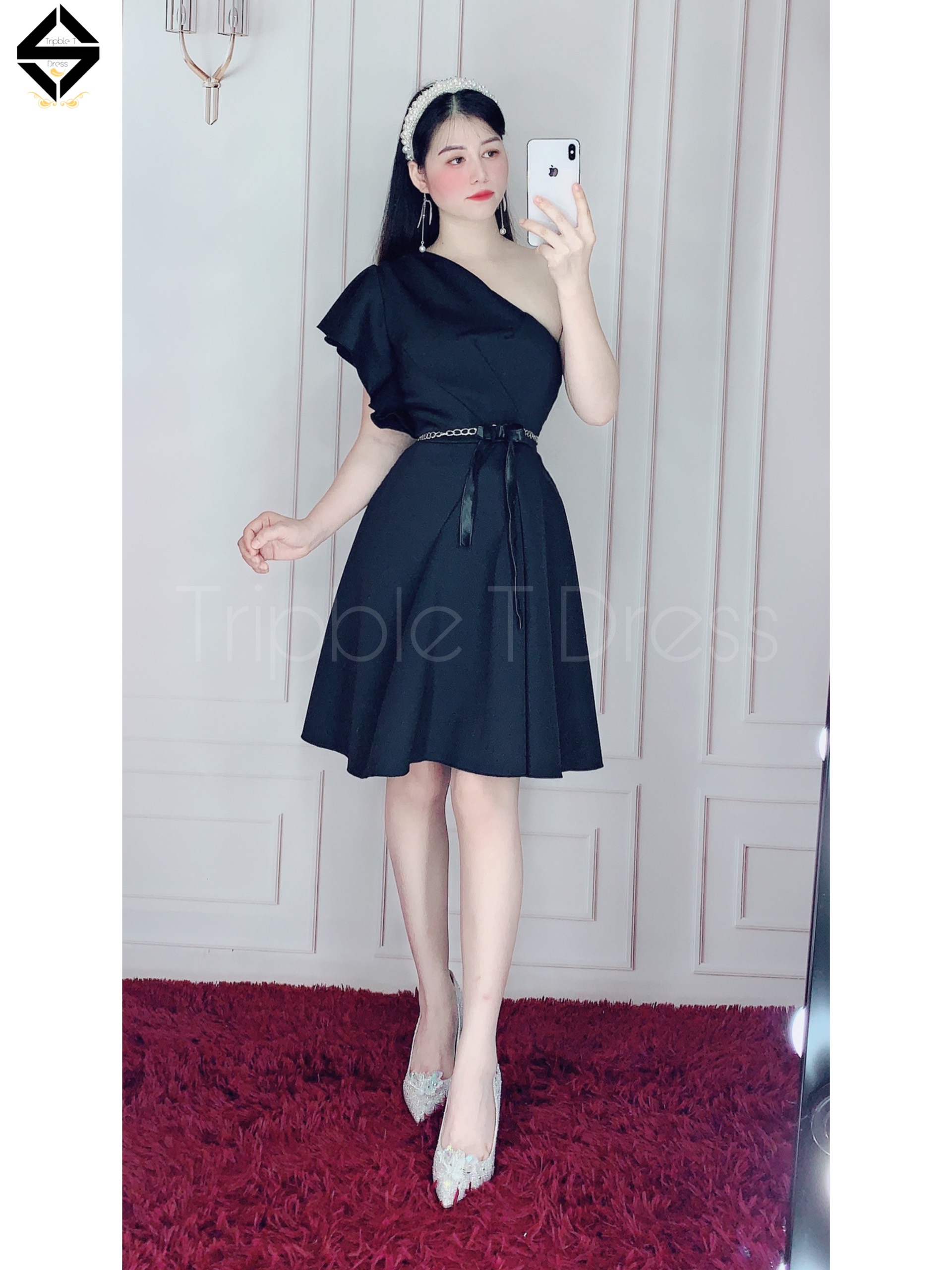 Đầm dự tiệc lệch vai kèm đai eo y hình TRIPBLE T DRESS - size M/L/XL ( ảnh/video thật) MS154V