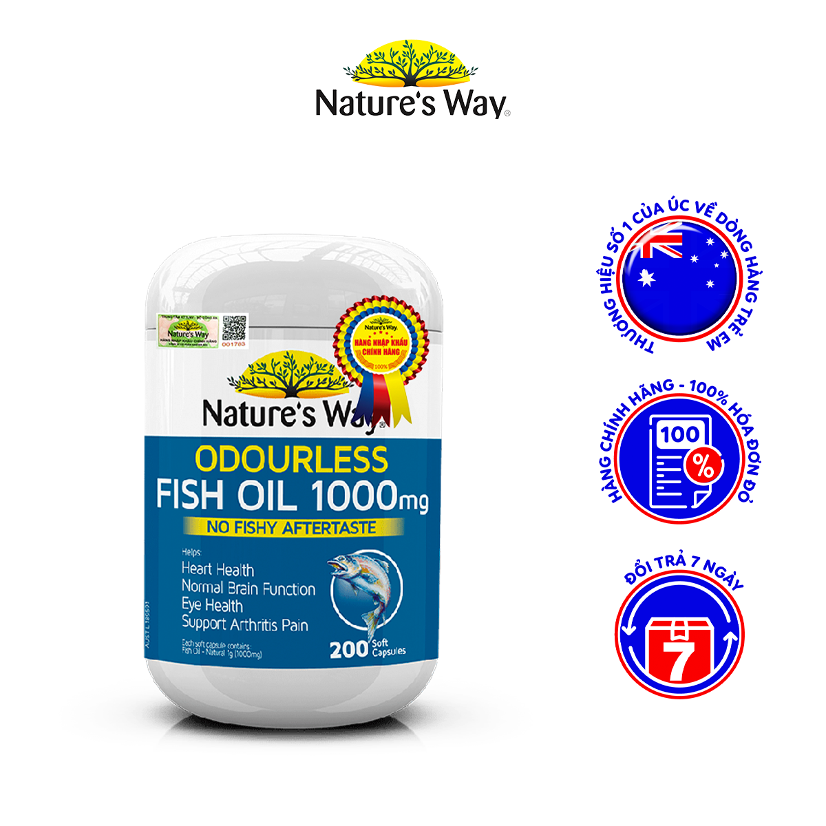 Viên Uống Dầu Cá Nature’s Way Odourless Fish Oil Tăng Cường Sức Khoẻ Tự Nhiên Không Mùi 1000mg 200 Viên
