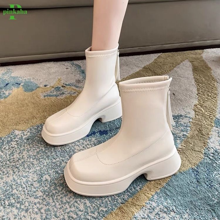 Bốt Nữ Đế Bánh Mì Boots Da Mềm Lót Nỉ Khóa Sau Cao Cấp Boot Mũi Tròn Thời Trang Đế Độn PINKAHA-GB20