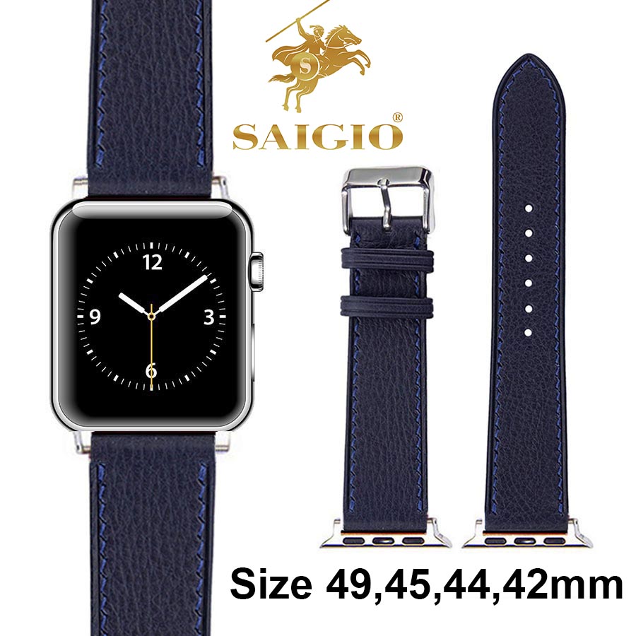 Dây Apple Watch 49Mm 45Mm 44Mm 42Mm, Chất Liệu Da Bò Cao Cấp, Dây Đeo Phong Cách Cổ Điển, Tương Thích Các Phiên Bản Series Ultra2Ultrase2Se987654321 - Xanh Navy - Adapter Bạc