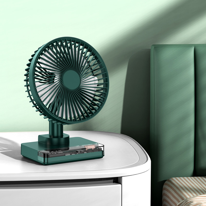 Quạt tích điện để bàn trong suốt kèm đồng hồ hiện giờ Desktop Fan DF-11 xoay đảo chiều 4 tốc độ gió