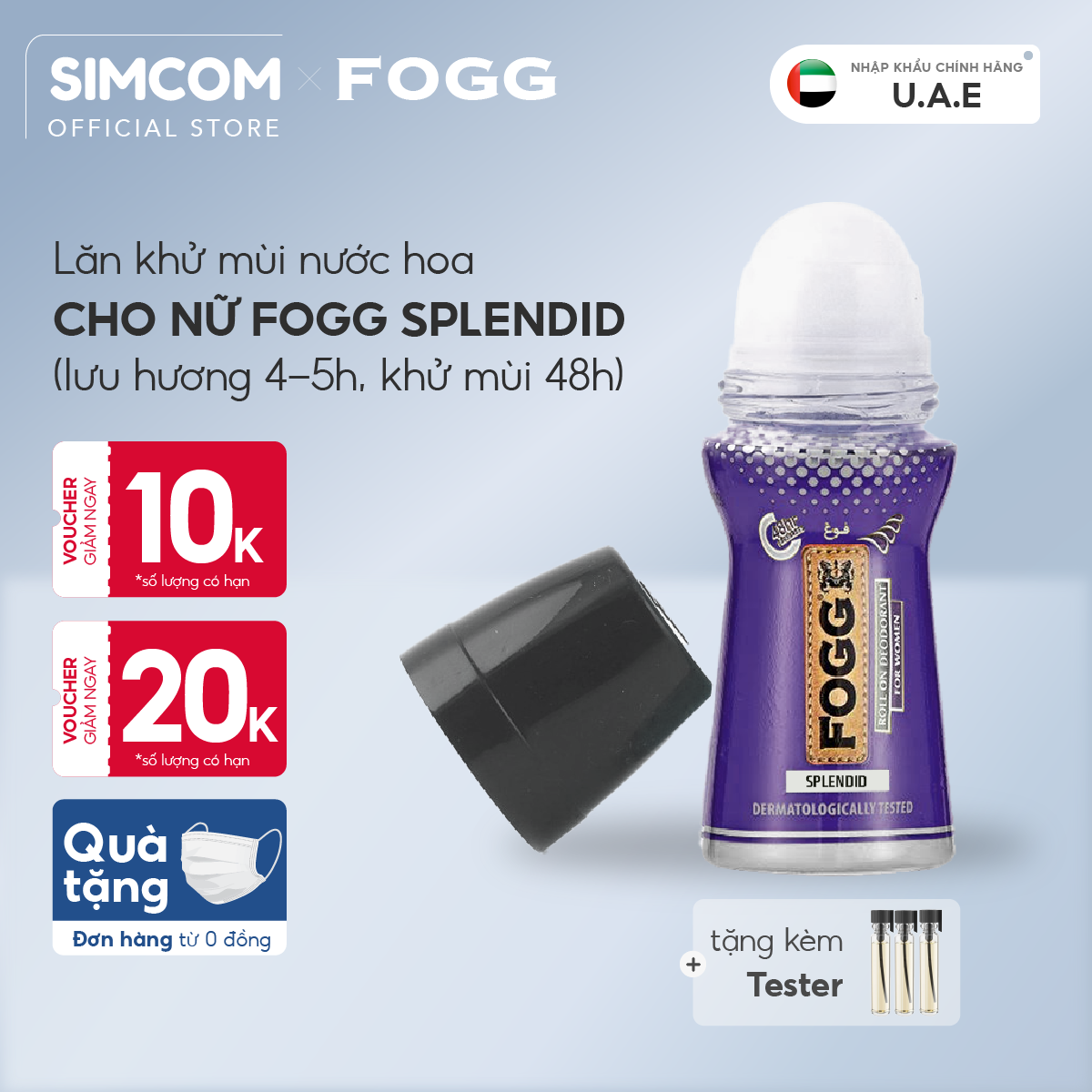 Lăn khử mùi hương nước hoa FOGG Splendid 50ml, chính hãng dubai, dành cho nữ, dùng để lăn nách, giảm thiểu mùi cơ thể, lưu hương lâu 4-5 tiếng, khử mùi 48h, không kích ứng da, không thâm nách, không ố áo, Simcom