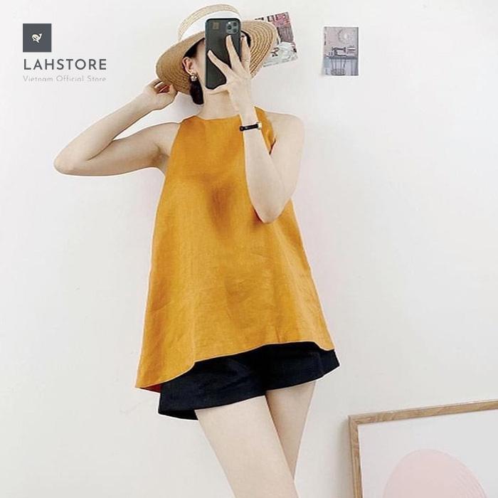 Bộ linen nữ sát nách LAHSTORE dáng yếm nút xẻ sau năng động