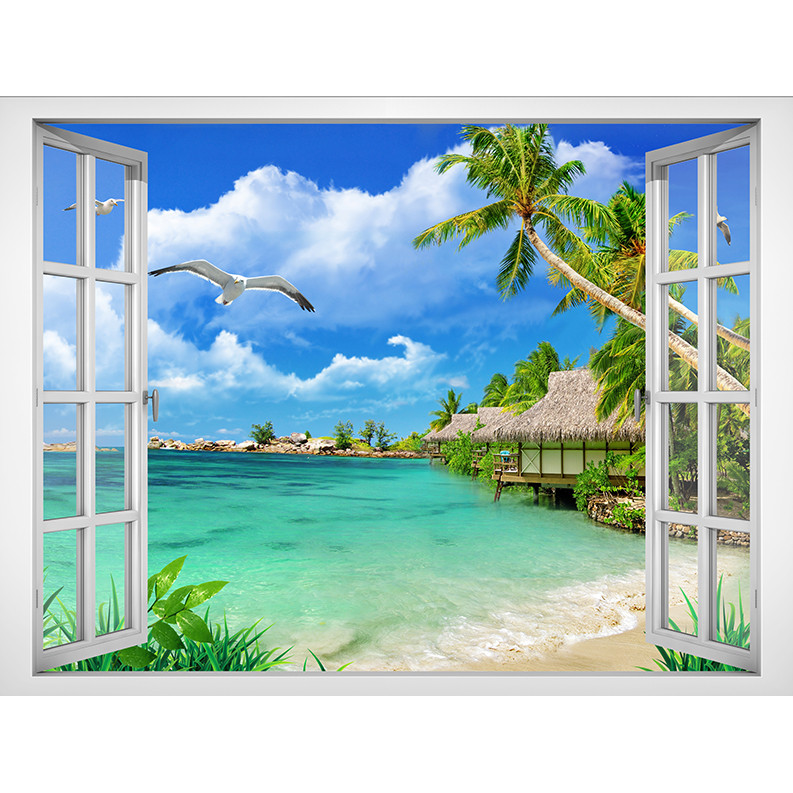 Tranh dán tường cửa sổ cảnh biển đẹp thiên nhiên trang trí phòng khách - VT0428