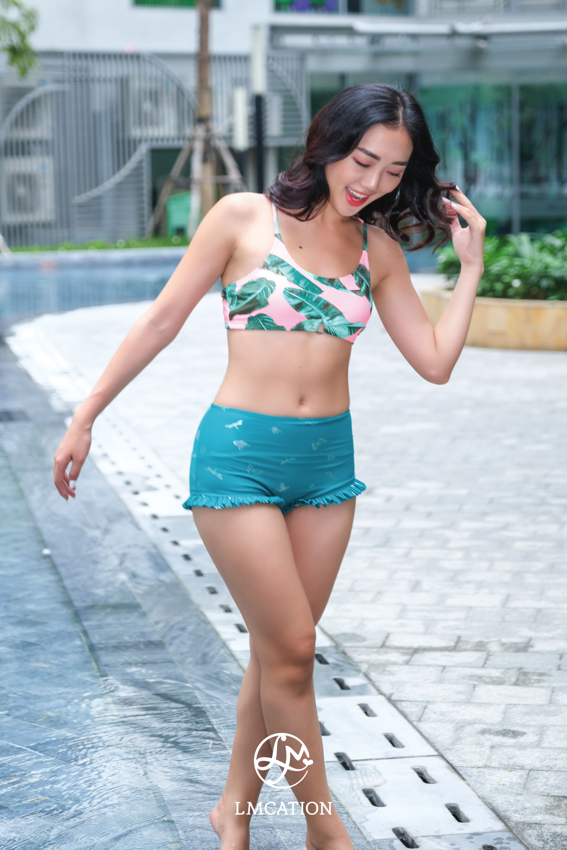 Quần Bơi Lưng Cao Phối Bèo LMcation Estella - Màu Xanh Lá Cây
