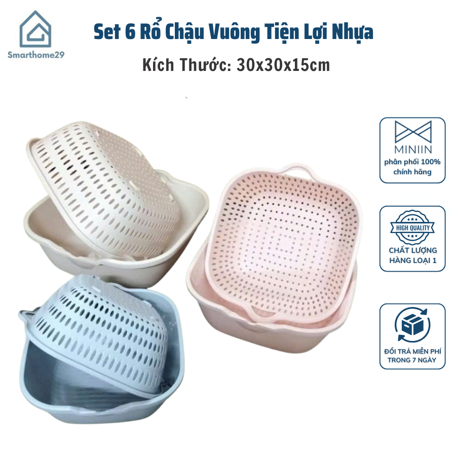 Set 6 Rổ Chậu Vuông Nhựa An Toàn - Tiện Dụng Cho Nhà Bếp Và Gia Đình - HÀNG CHÍNH HÃNG MINIIN