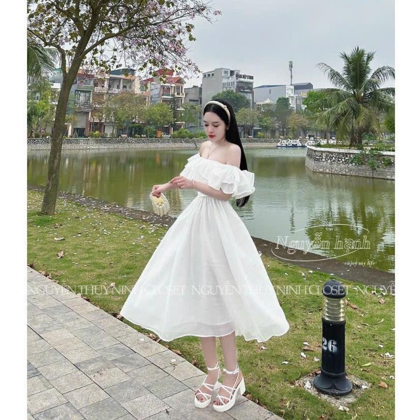 Đầm voan xoè trễ vai phối bèo 2 lớp