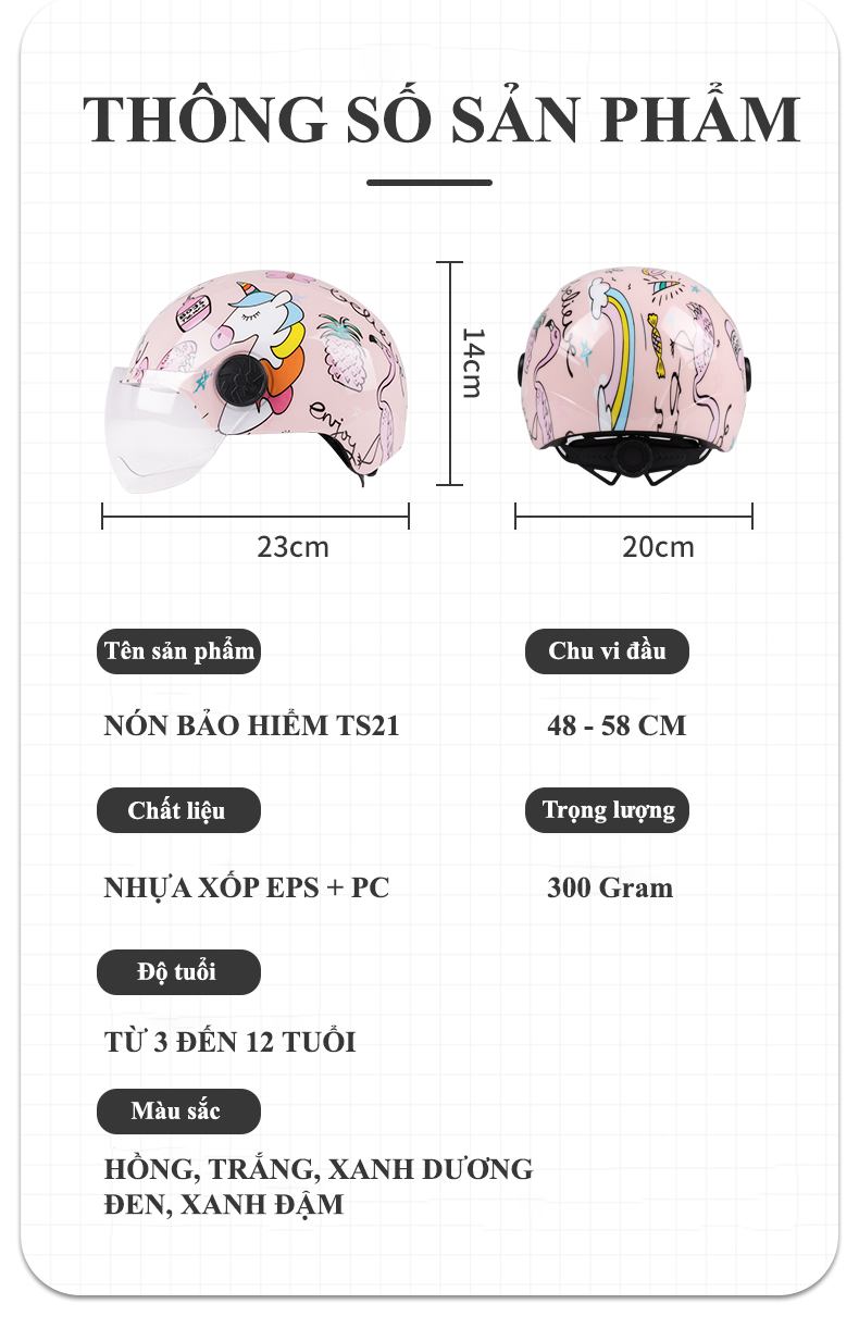 Nón bảo hiểm trẻ em TS21 có kính siêu nhẹ bảo vệ cột sống cổ cho trẻ và chống sốc cực tốt