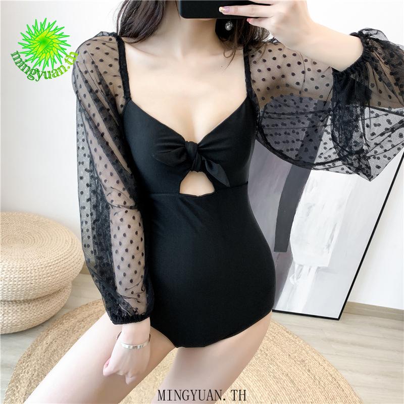 2020 one piece red black long sleeve mesh embroidered sexy backless bikini tie women swimsuit