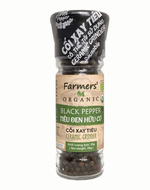 Tiêu Đen Hạt Farmers' Organic Cối Xay Vipep Hũ Thủy Tinh 55g