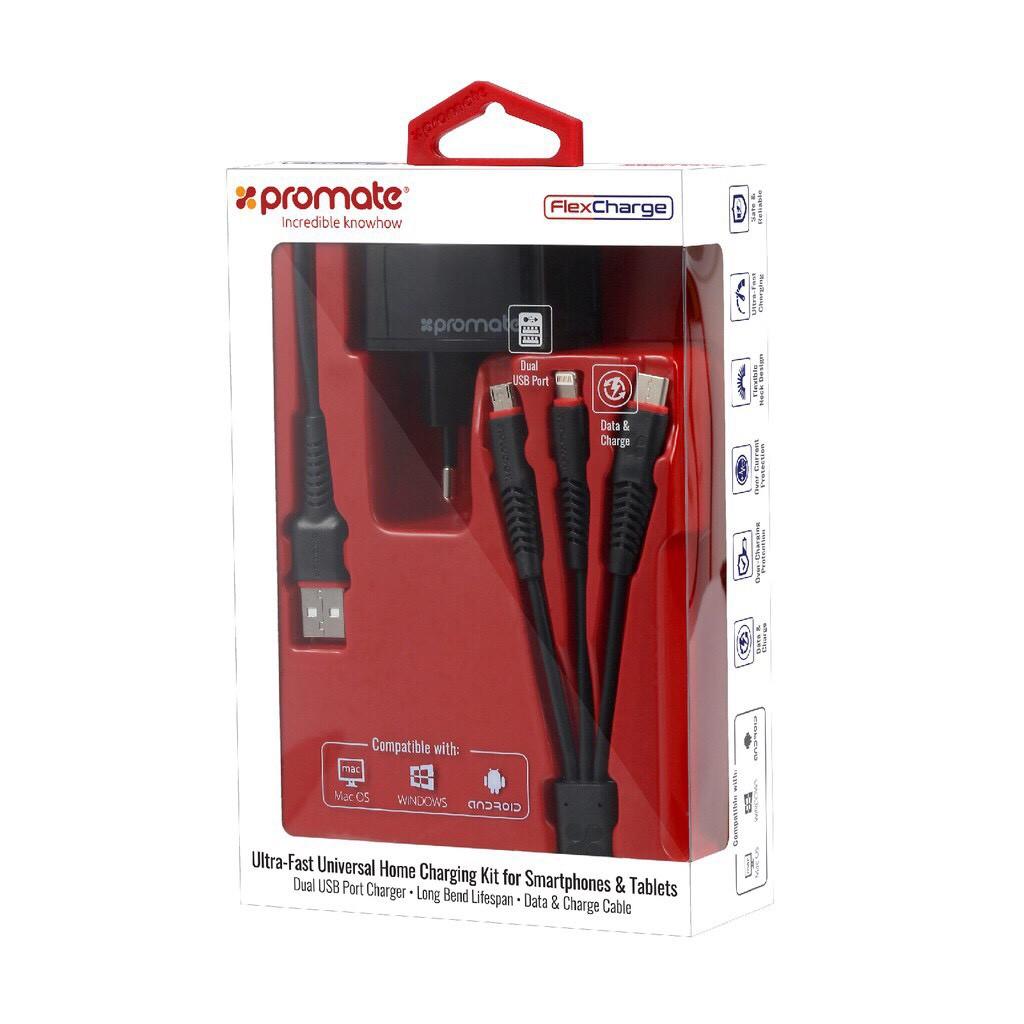 Cốc Sạc Promate Flexcharge.Eu Cốc 2 Cổng Usb Kèm Dây 3-In-1 Dài 1.2M Chuẩn Eu - Hàng Chính Hãng