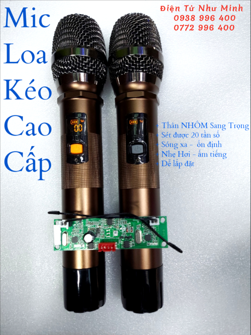 Bộ 2 Mic không dây cho loa kéo UHF CAO CẤP FULL NHÔM