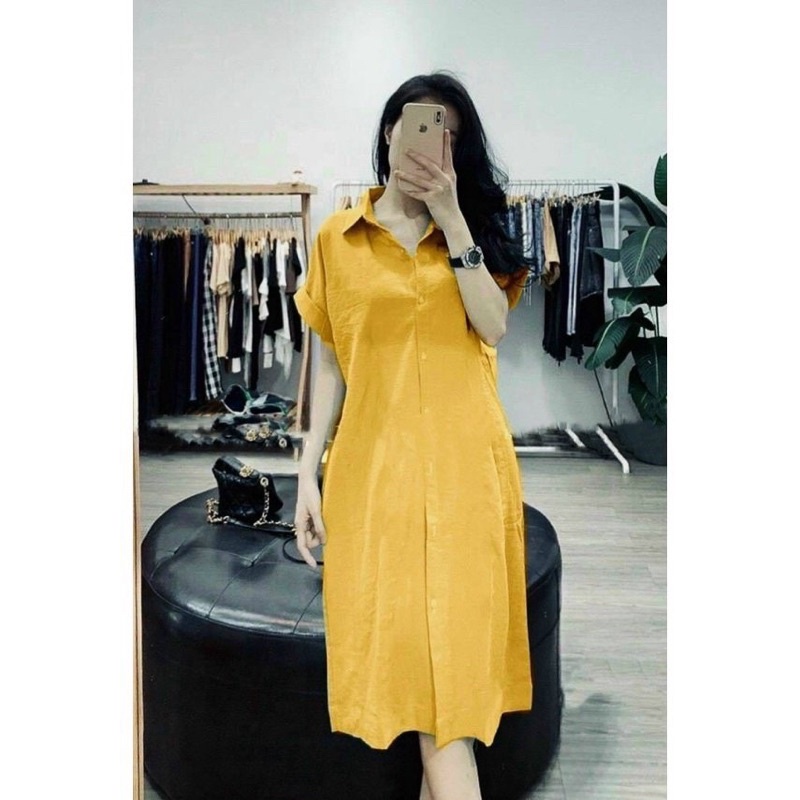 Váy sơ mi kẻ trơn đũi nhiều màu tay hến đi biển - Đầm suông sơ mi dáng dài freesize dạo phố xinh xắn