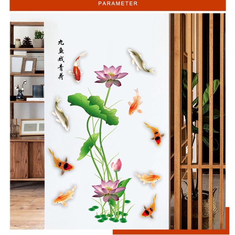 Decal trang trí dán tường - SEN HỒNG CHỮ HOA CÙNG ĐÀN CÁ PHÚ QUÝ